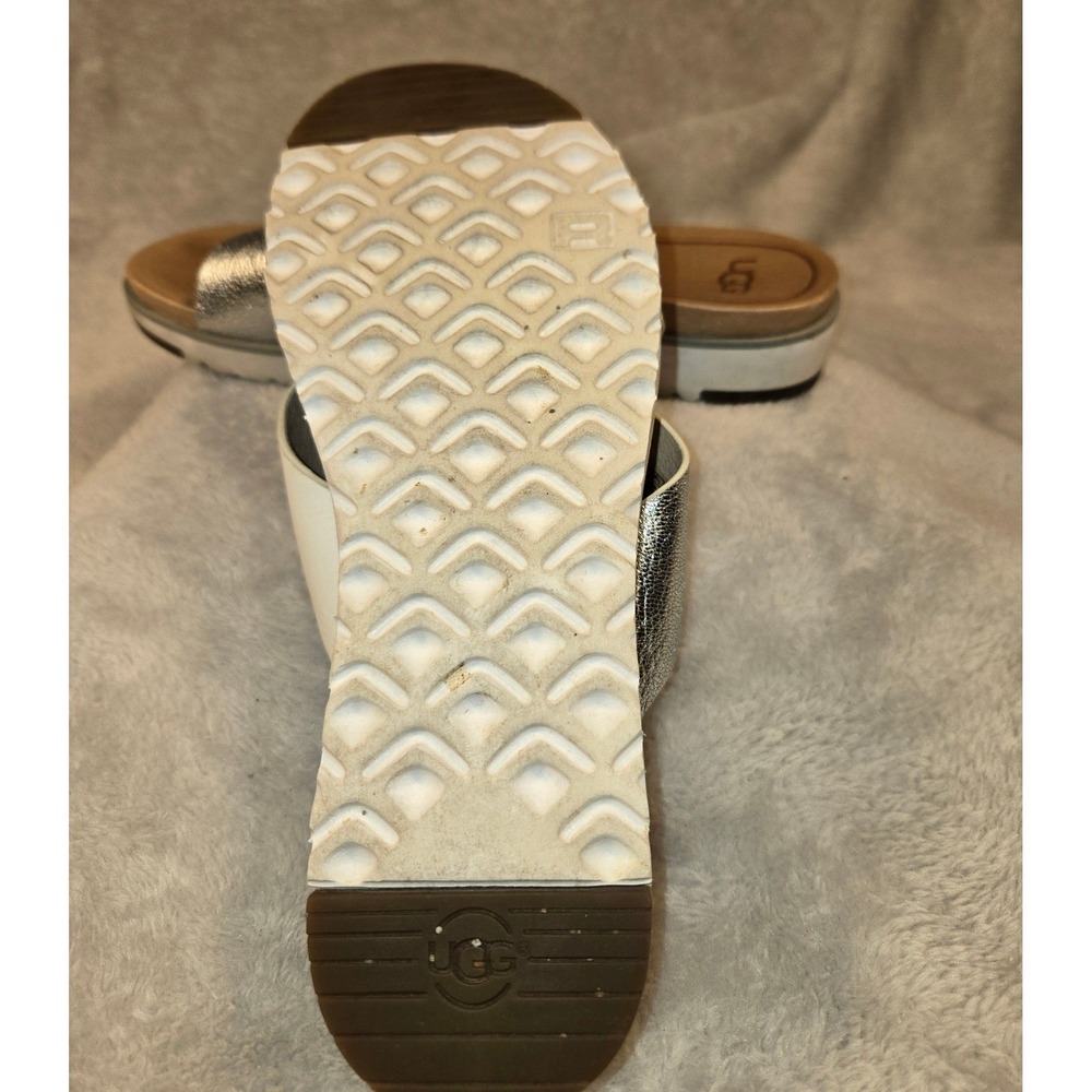 UGG Kari White Metallic Silver Leather Crisscross Slide Sandals 1018901 W 6 - Picture 7 of 8